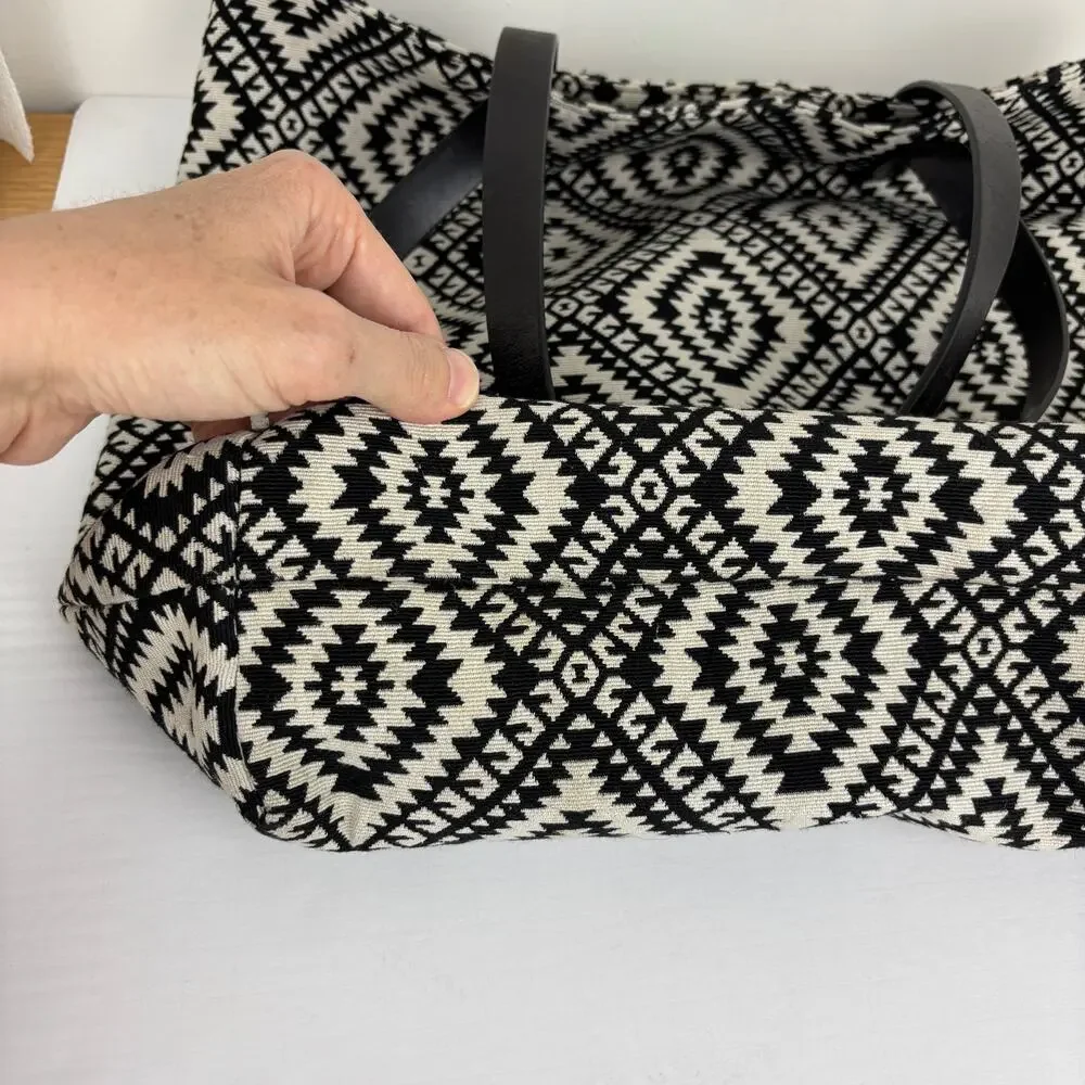 Lucky Brand Aztec Boho Tote Bag Purse Black White Leather Straps large